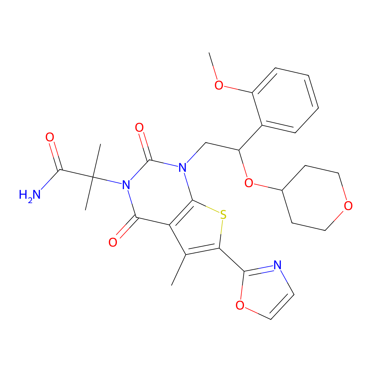 2-[1-[(2~{r})-2-(2-Methoxyphenyl)-2-(Oxan-4-Yloxy)ethyl]-5-Methyl-6-(1,3-Oxazol-2-Yl)-2,4-Bis(Oxidanylidene)thieno[2,3-D]pyrimidin-3-Yl]-2-Methyl-Propanamide molecular structure, CAS 1434639-57-2