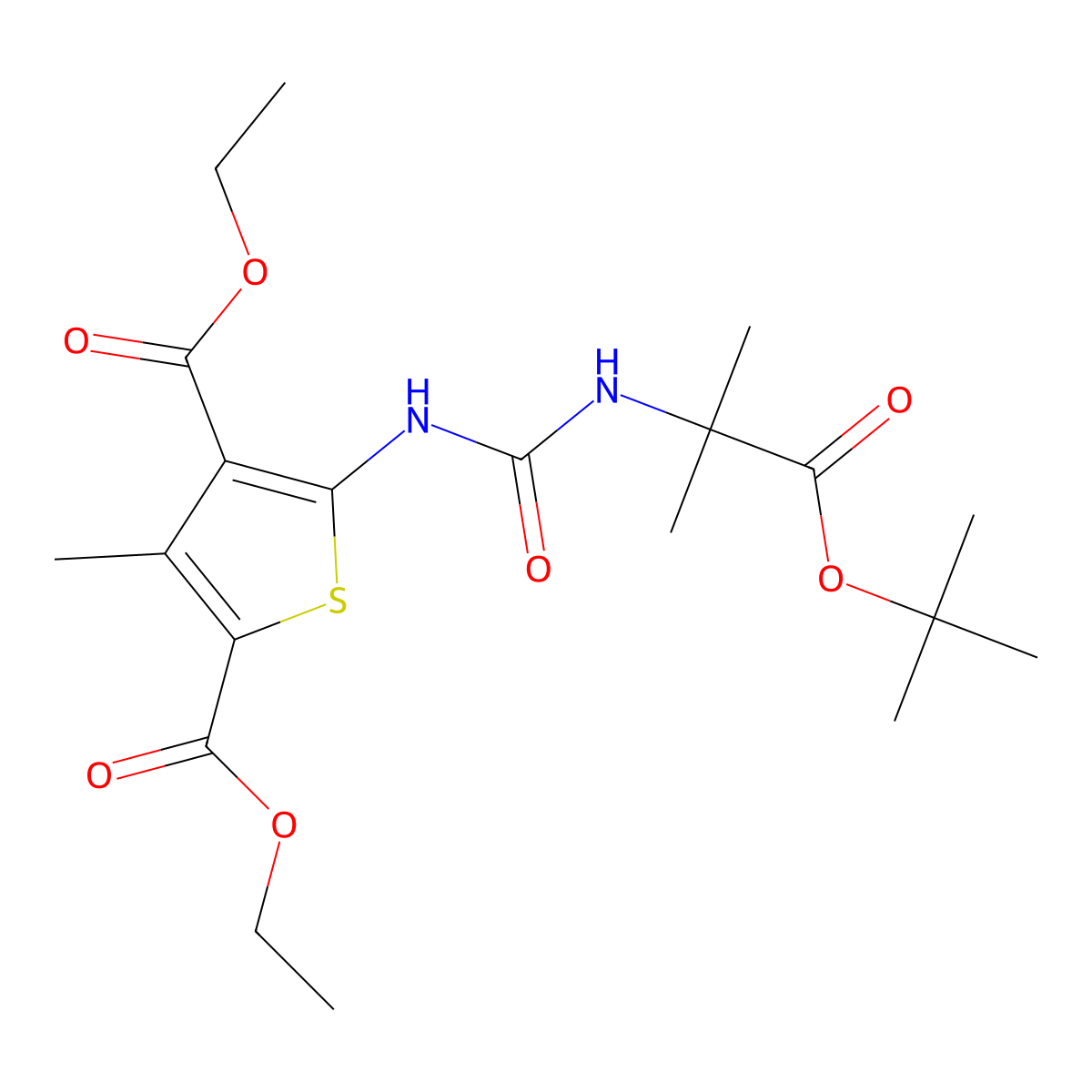 Diethyl 5-(3-(1-(tert-butoxy)-2-methyl-1-oxopropan-2-yl)ureido)-3-methylthiophene-2,4-dicarboxylate molecular structure, CAS 1434643-13-6