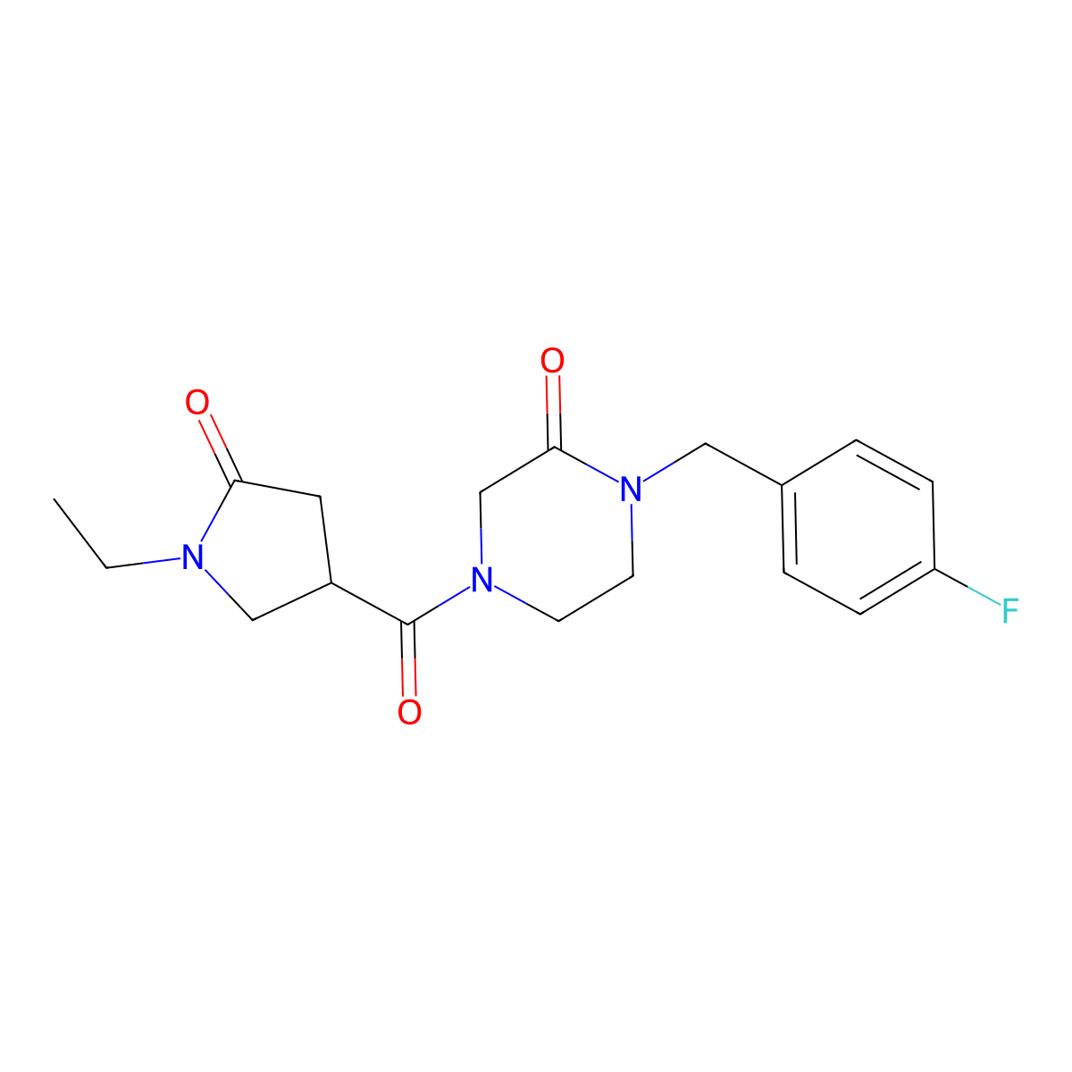 4-(1-Ethyl-5-oxopyrrolidine-3-carbonyl)-1-[(4-fluorophenyl)methyl]piperazin-2-one molecular structure, CAS 1434747-60-0
