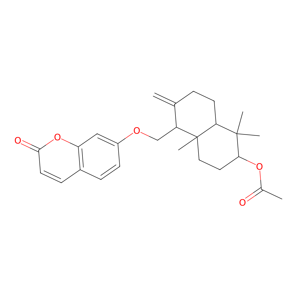 Coumarin, 7-((decahydro-6-hydroxy-5,5,8a-trimethyl-2-methylene-1-naphthyl)methoxy)-, acetate molecular structure, CAS 14348-18-6