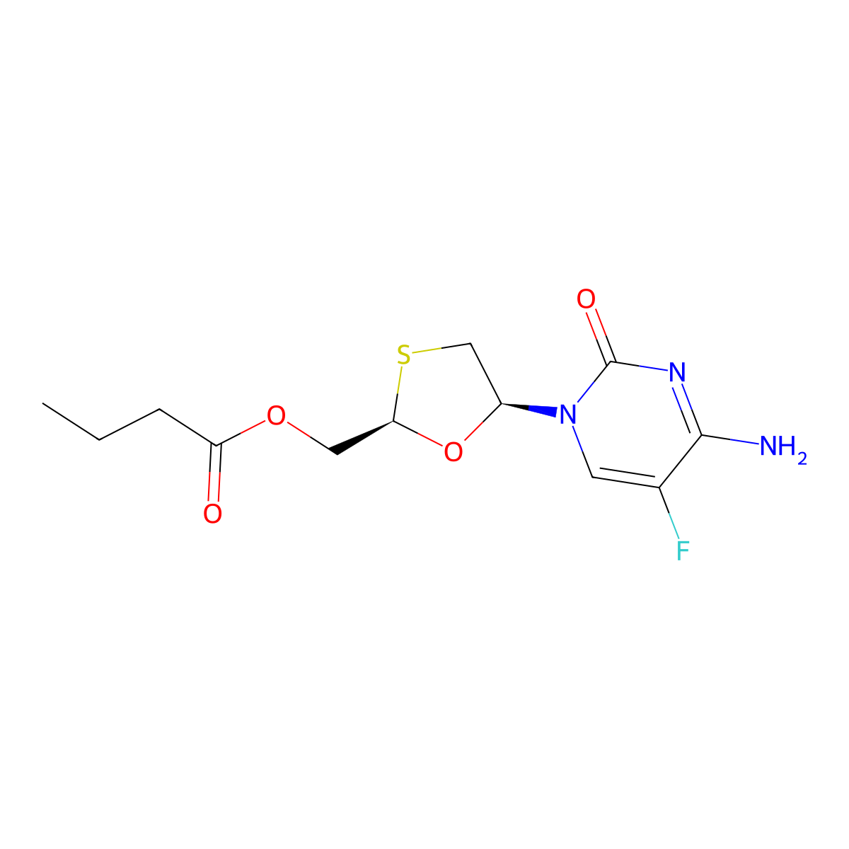 ((2R,5S)-5-(4-Amino-5-fluoro-2-oxopyrimidin-1(2H)-yl)-1,3-oxathiolan-2-yl)methyl butyrate molecular structure, CAS 143491-56-9