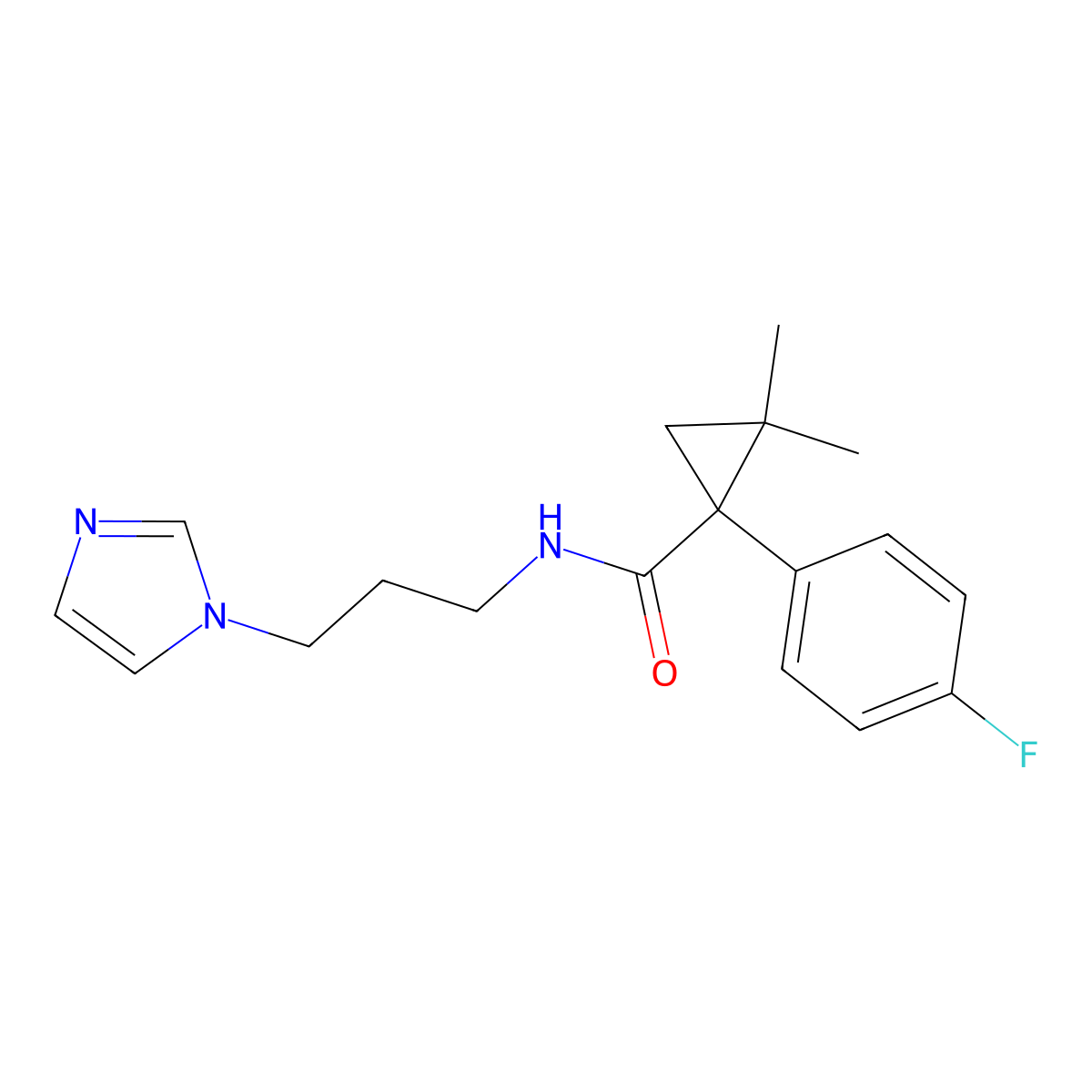 N-(3-(1H-imidazol-1-yl)propyl)-1-(4-fluorophenyl)-2,2-dimethylcyclopropane-1-carboxamide molecular structure, CAS 1434927-54-4