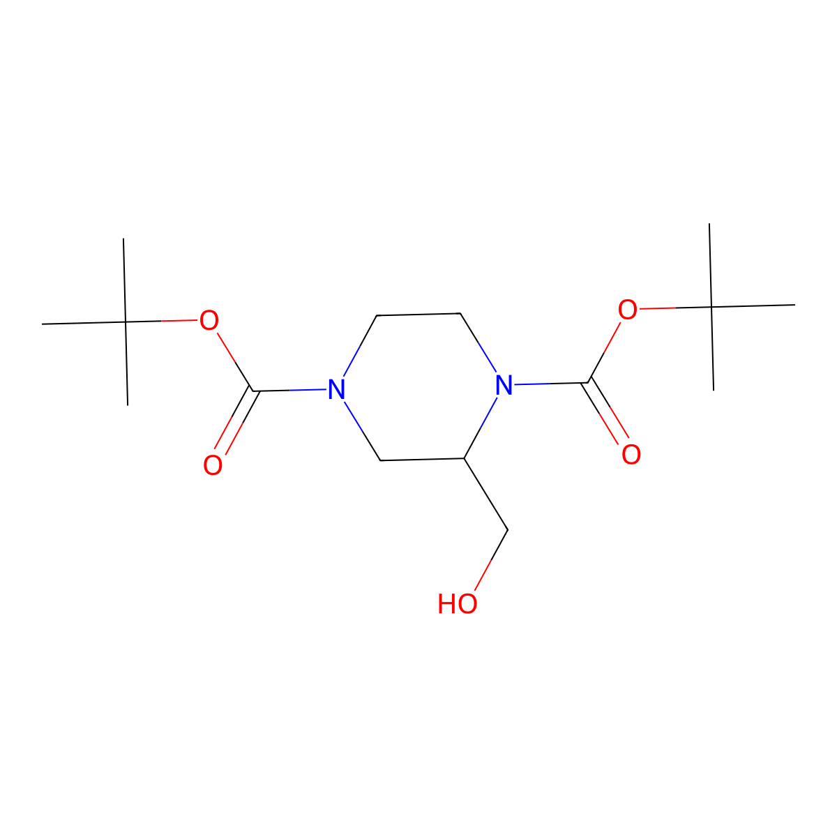 Di-tert-butyl 2-(hydroxymethyl)piperazine-1,4-dicarboxylate molecular structure, CAS 143540-05-0