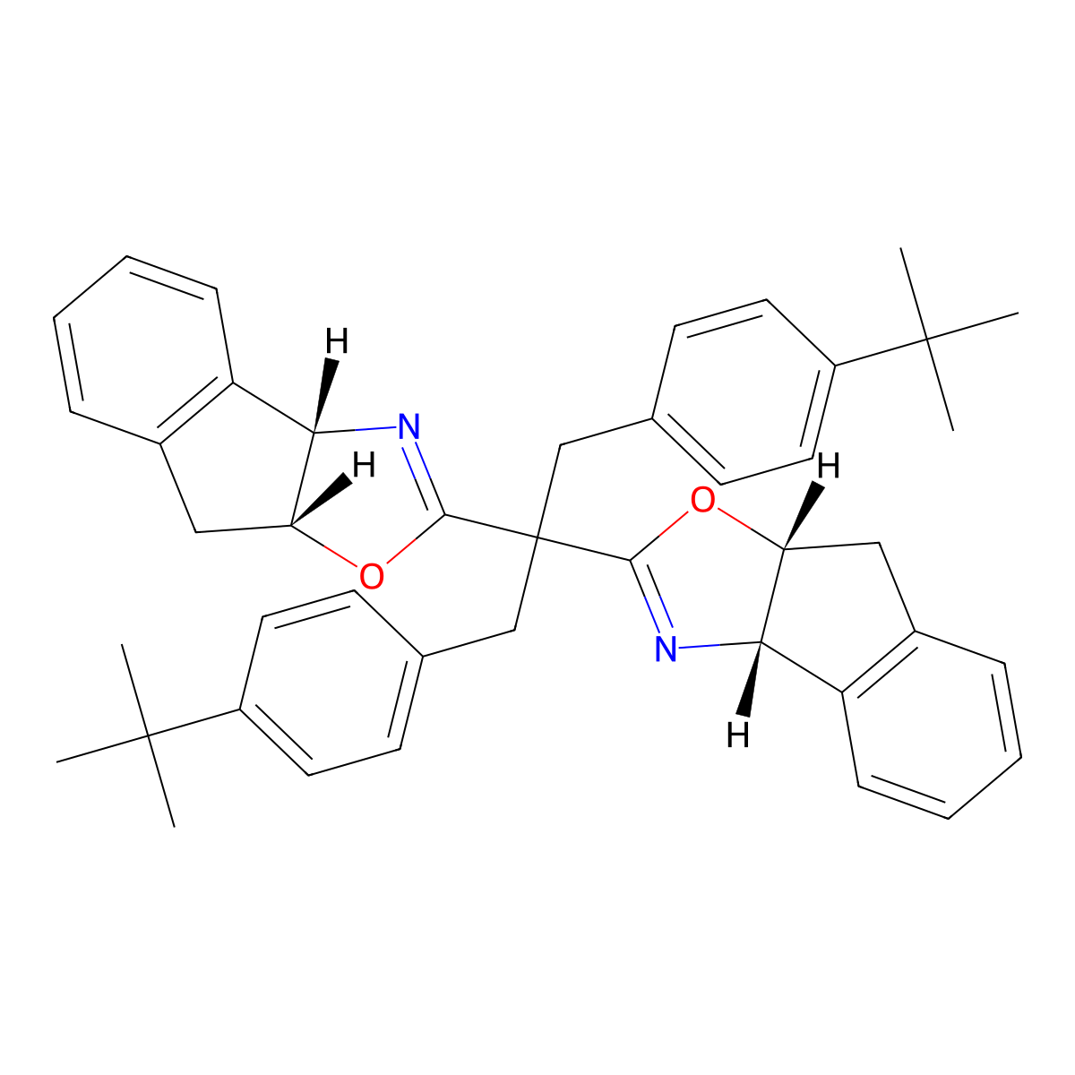 (3aS,3a'S,8aR,8a'R)-2,2'-(1,3-Bis(4-(tert-butyl)phenyl)propane-2,2-diyl)bis(3a,8a-dihydro-8H-indeno[1,2-d]oxazole)(97%) molecular structure, CAS 1435467-28-9