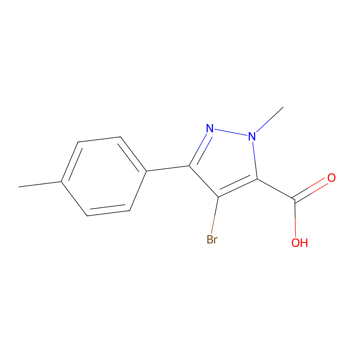 4-bromo-1-methyl-3-(4-methylphenyl)-1H-pyrazole-5-carboxylic acid molecular structure, CAS 1435804-39-9
