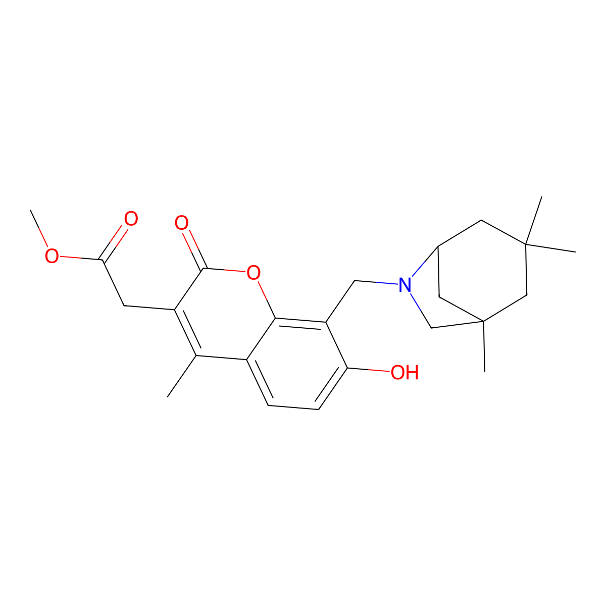 methyl {7-hydroxy-4-methyl-2-oxo-8-[(1,3,3-trimethyl-6-azabicyclo[3.2.1]oct-6-yl)methyl]-2H-chromen-3-yl}acetate molecular structure, CAS 1435868-63-5