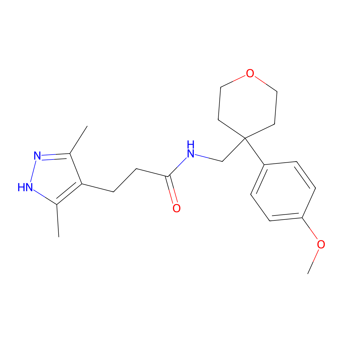 3-(3,5-dimethyl-1H-pyrazol-4-yl)-N-{[4-(4-methoxyphenyl)tetrahydro-2H-pyran-4-yl]methyl}propanamide molecular structure, CAS 1435898-37-5