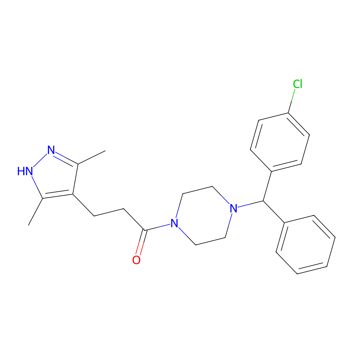 1-{4-[(4-chlorophenyl)(phenyl)methyl]piperazin-1-yl}-3-(3,5-dimethyl-1H-pyrazol-4-yl)propan-1-one molecular structure, CAS 1435898-86-4
