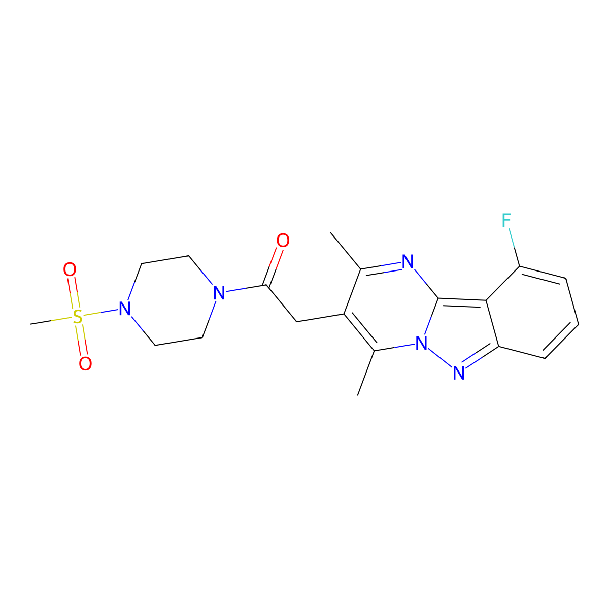 2-(10-Fluoro-2,4-dimethylpyrimido[1,2-b]indazol-3-yl)-1-[4-(methylsulfonyl)piperazin-1-yl]ethanone molecular structure, CAS 1435899-31-2