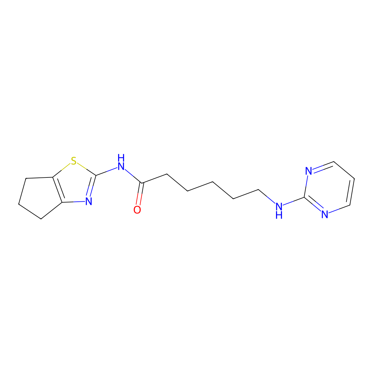 N-(5,6-dihydro-4H-cyclopenta[d]thiazol-2-yl)-6-(pyrimidin-2-ylamino)hexanamide molecular structure, CAS 1435899-84-5