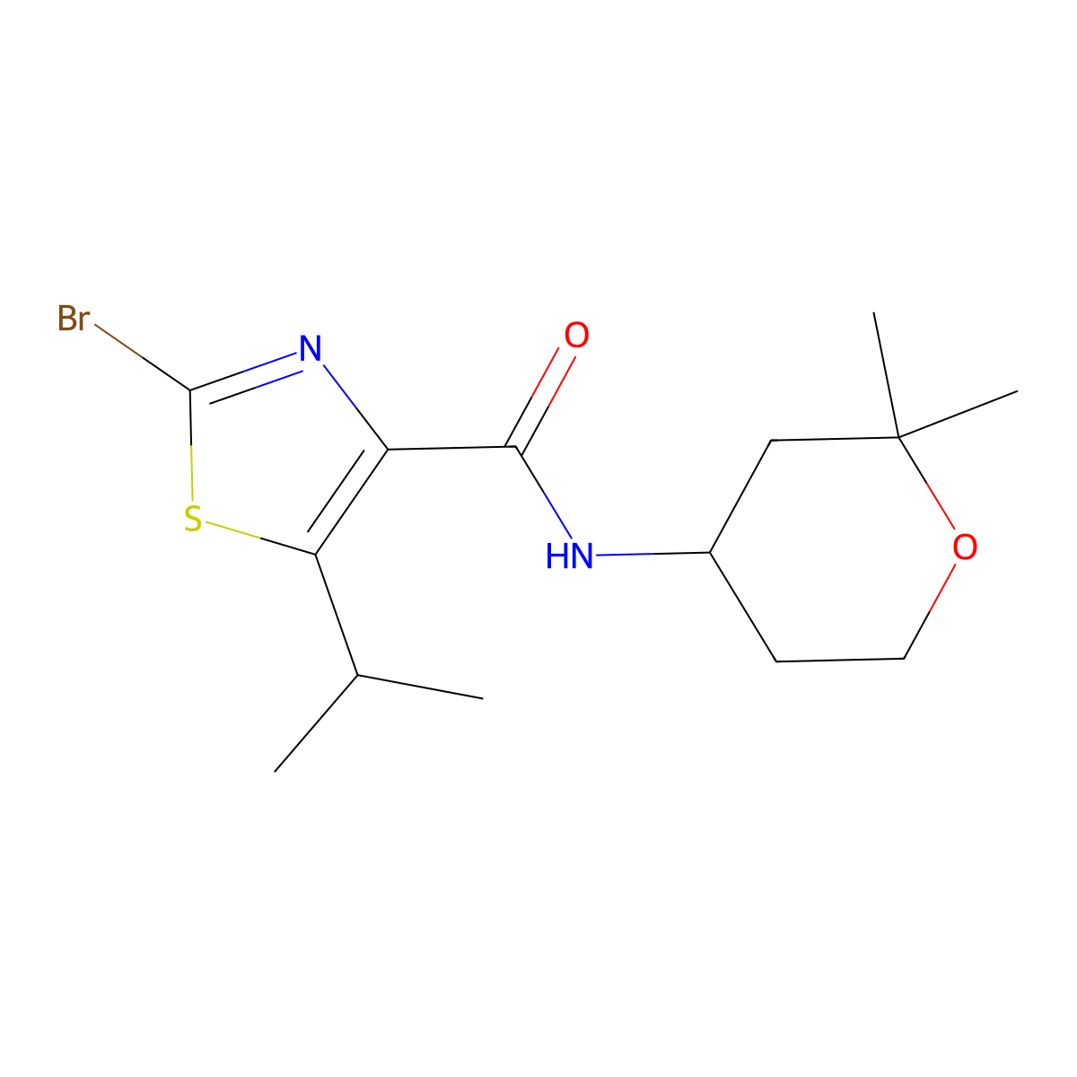 2-bromo-N-(2,2-dimethyltetrahydro-2H-pyran-4-yl)-5-isopropyl-1,3-thiazole-4-carboxamide molecular structure, CAS 1435900-76-7