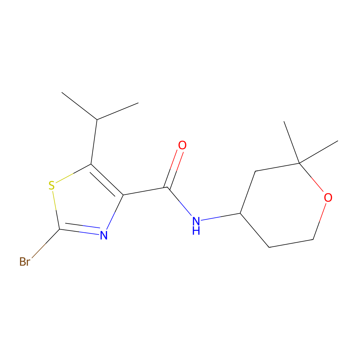 2-bromo-N-(2,2-dimethyltetrahydro-2H-pyran-4-yl)-5-isopropyl-1,3-thiazole-4-carboxamide molecular structure, CAS 1435900-76-7