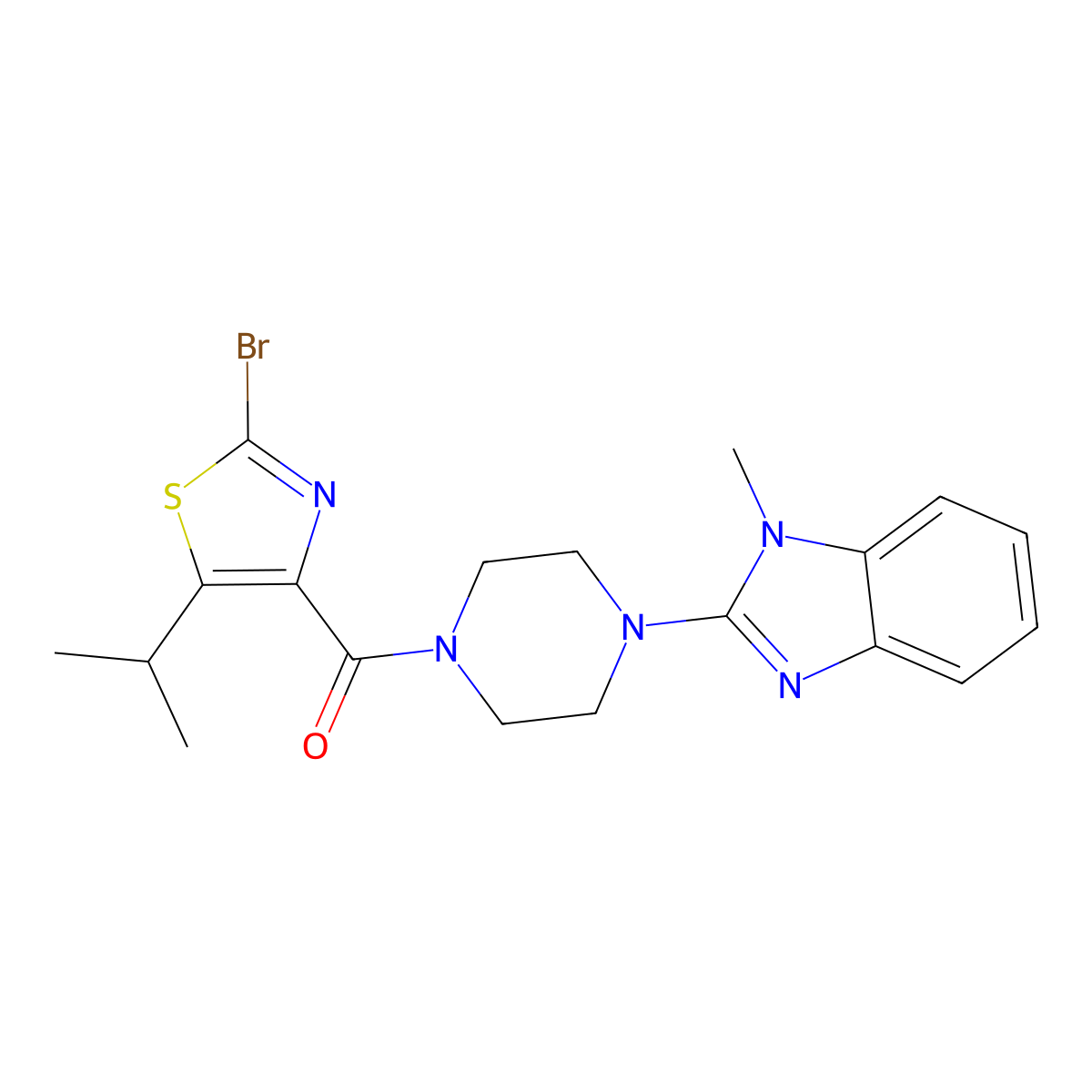 [2-bromo-5-(propan-2-yl)-1,3-thiazol-4-yl][4-(1-methyl-1H-benzimidazol-2-yl)piperazin-1-yl]methanone molecular structure, CAS 1435900-77-8