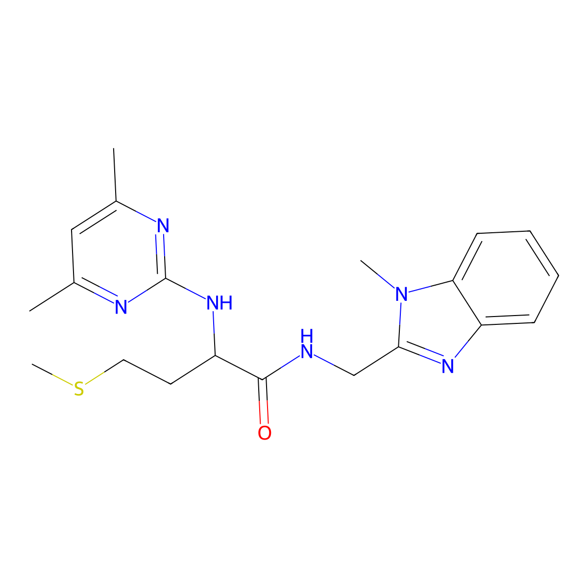 2-[(4,6-dimethyl-2-pyrimidinyl)amino]-N-[(1-methyl-1H-1,3-benzimidazol-2-yl)methyl]-4-(methylsulfanyl)butanamide molecular structure, CAS 1435900-93-8