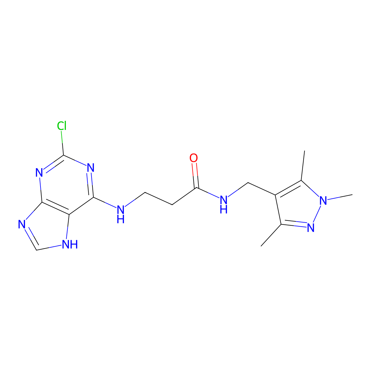 N~3~-(2-chloro-7H-purin-6-yl)-N-[(1,3,5-trimethyl-1H-pyrazol-4-yl)methyl]-beta-alaninamide molecular structure, CAS 1435901-64-6