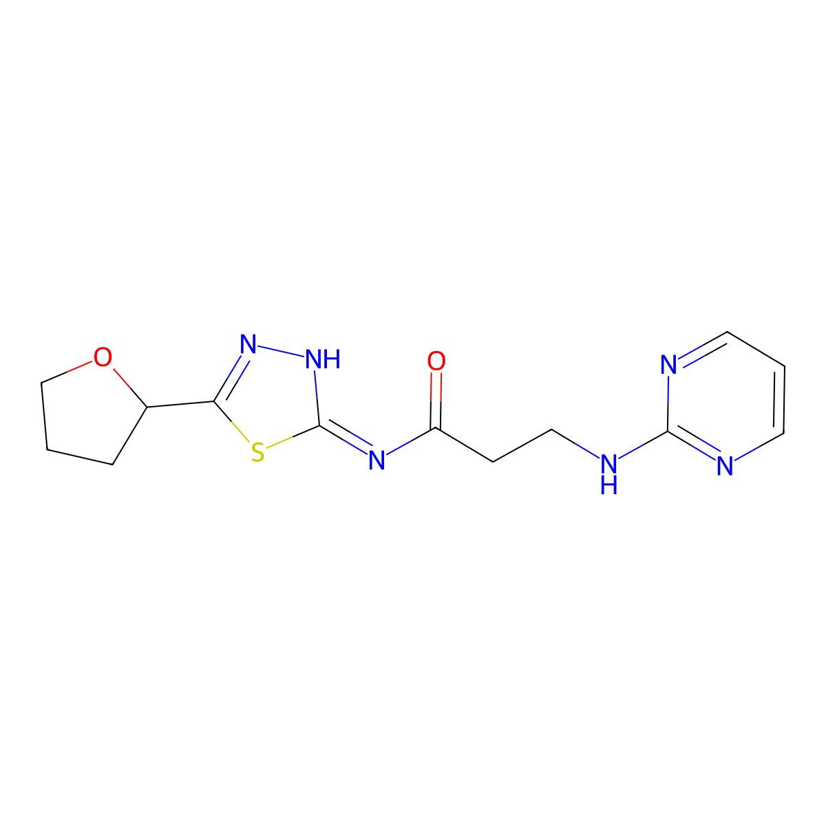 3-(pyrimidin-2-ylamino)-N-(5-(tetrahydrofuran-2-yl)-1,3,4-thiadiazol-2-yl)propanamide molecular structure, CAS 1435904-00-9