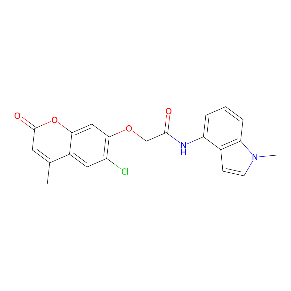 2-[(6-chloro-4-methyl-2-oxo-2H-chromen-7-yl)oxy]-N-(1-methyl-1H-indol-4-yl)acetamide molecular structure, CAS 1435904-23-6