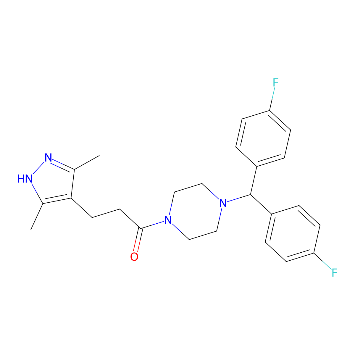 1-{4-[bis(4-fluorophenyl)methyl]piperazino}-3-(3,5-dimethyl-1H-pyrazol-4-yl)-1-propanone molecular structure, CAS 1435905-63-7