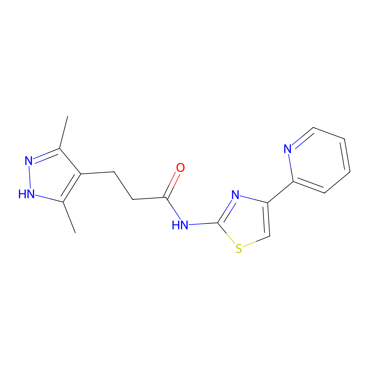 3-(3,5-dimethyl-1H-pyrazol-4-yl)-N-[4-(pyridin-2-yl)-1,3-thiazol-2-yl]propanamide molecular structure, CAS 1435905-95-5