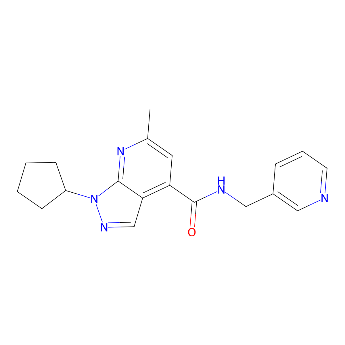 1-cyclopentyl-6-methyl-N-(pyridin-3-ylmethyl)-1H-pyrazolo[3,4-b]pyridine-4-carboxamide molecular structure, CAS 1435906-32-3