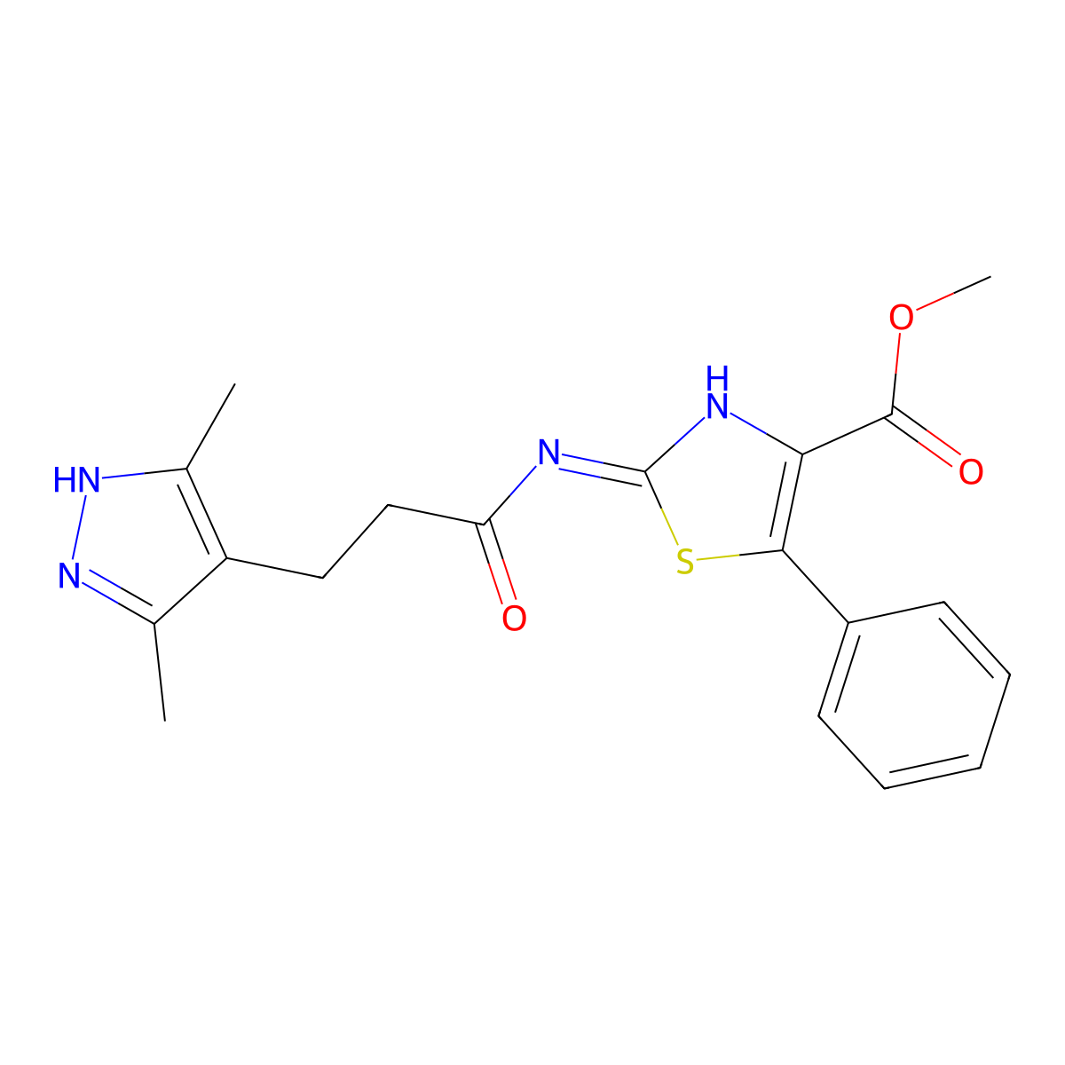methyl 2-{[3-(3,5-dimethyl-1H-pyrazol-4-yl)propanoyl]amino}-5-phenyl-1,3-thiazole-4-carboxylate molecular structure, CAS 1435906-44-7