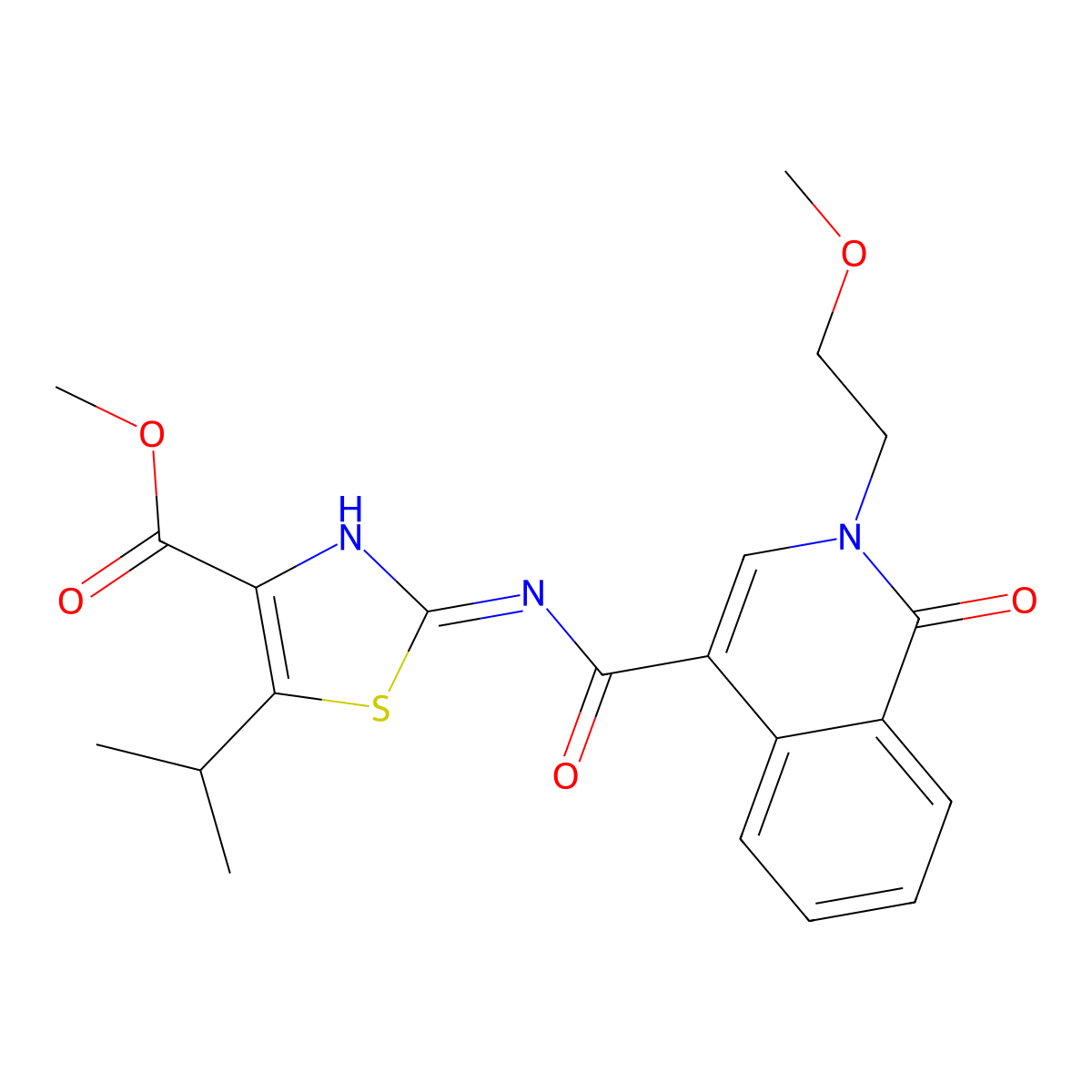 Methyl 2-({[2-(2-methoxyethyl)-1-oxo-1,2-dihydroisoquinolin-4-yl]carbonyl}amino)-5-(propan-2-yl)-1,3-thiazole-4-carboxylate molecular structure, CAS 1435906-61-8