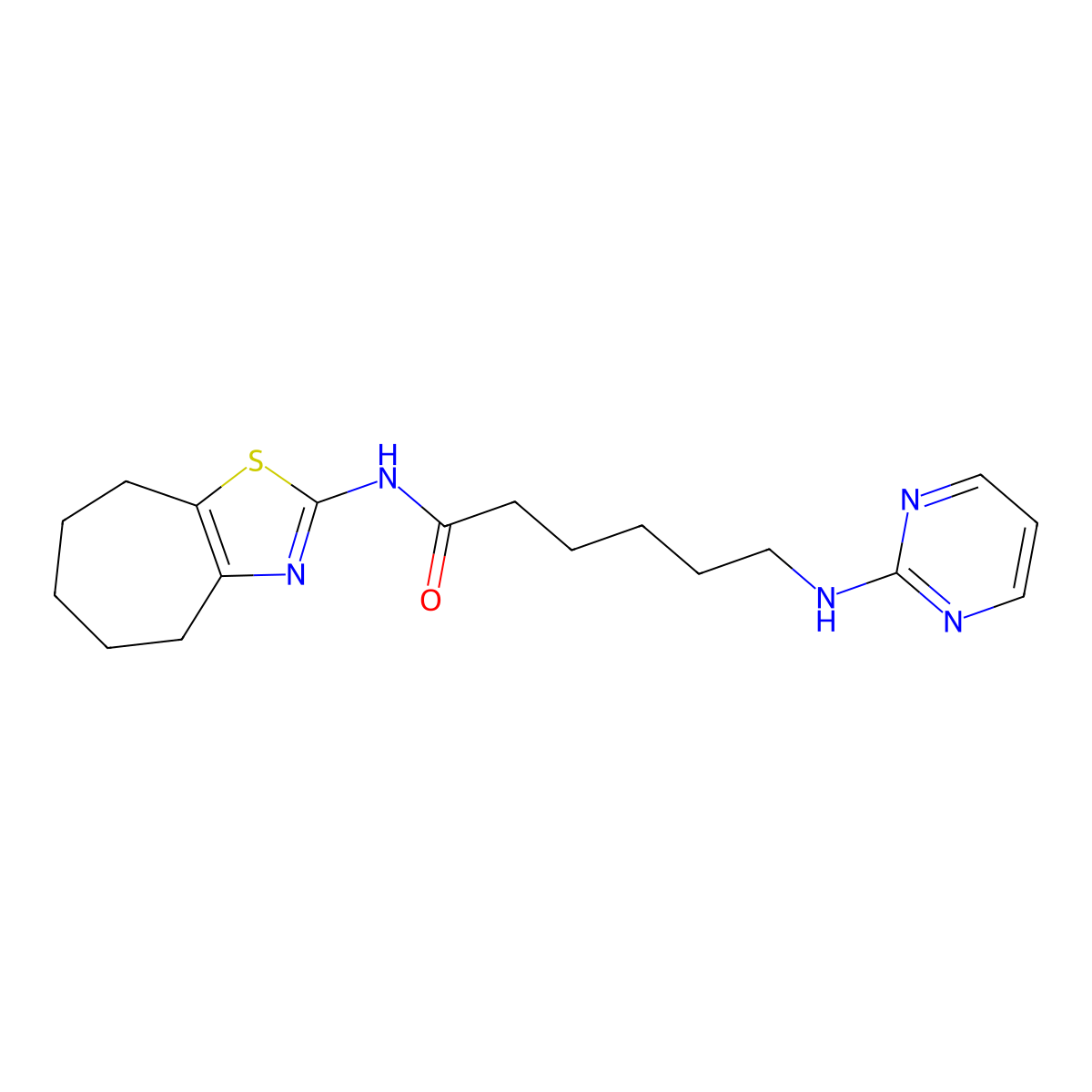 6-(pyrimidin-2-ylamino)-N-(5,6,7,8-tetrahydro-4H-cyclohepta[d]thiazol-2-yl)hexanamide molecular structure, CAS 1435907-12-2