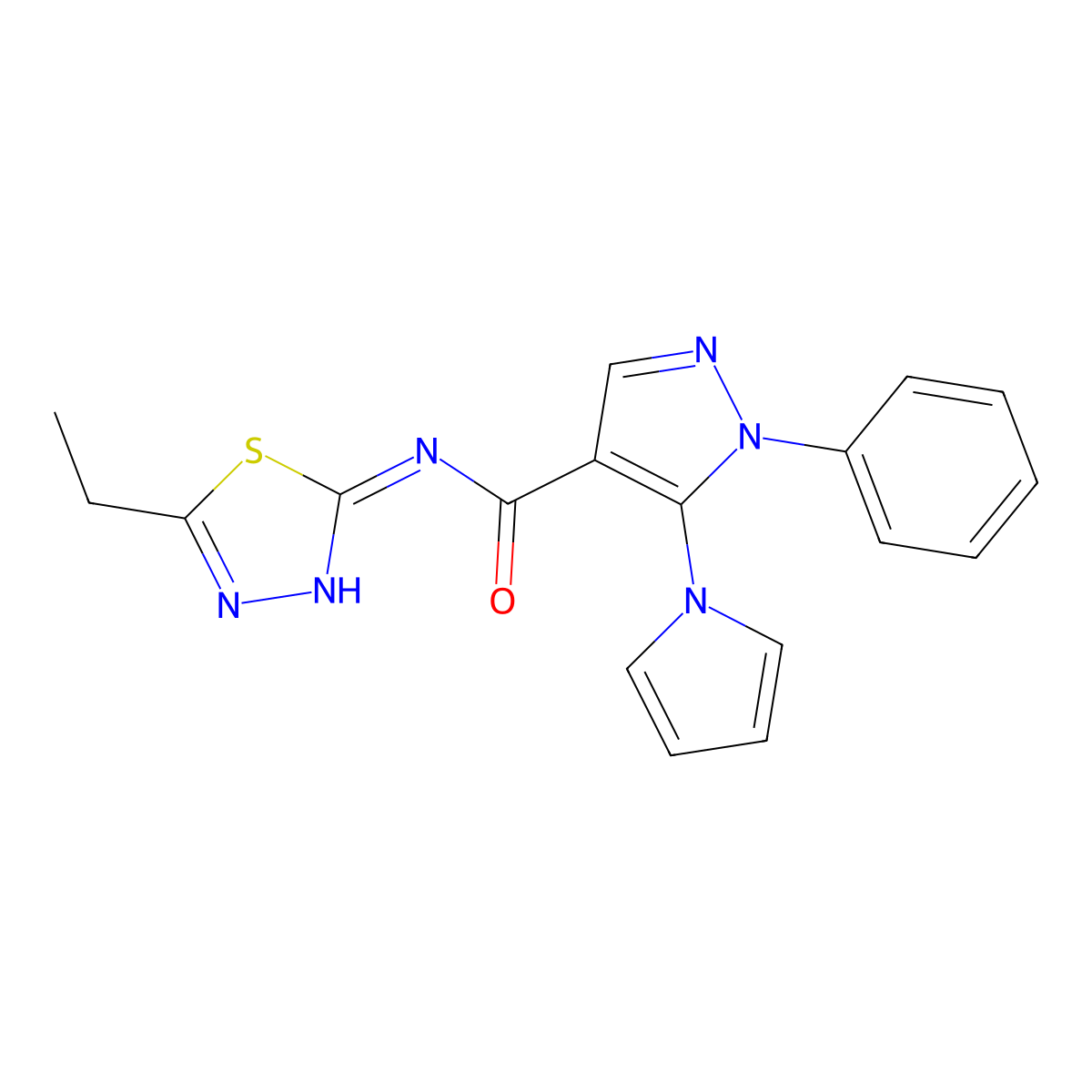 N-(5-ethyl-1,3,4-thiadiazol-2-yl)-1-phenyl-5-(1H-pyrrol-1-yl)-1H-pyrazole-4-carboxamide molecular structure, CAS 1435908-06-7