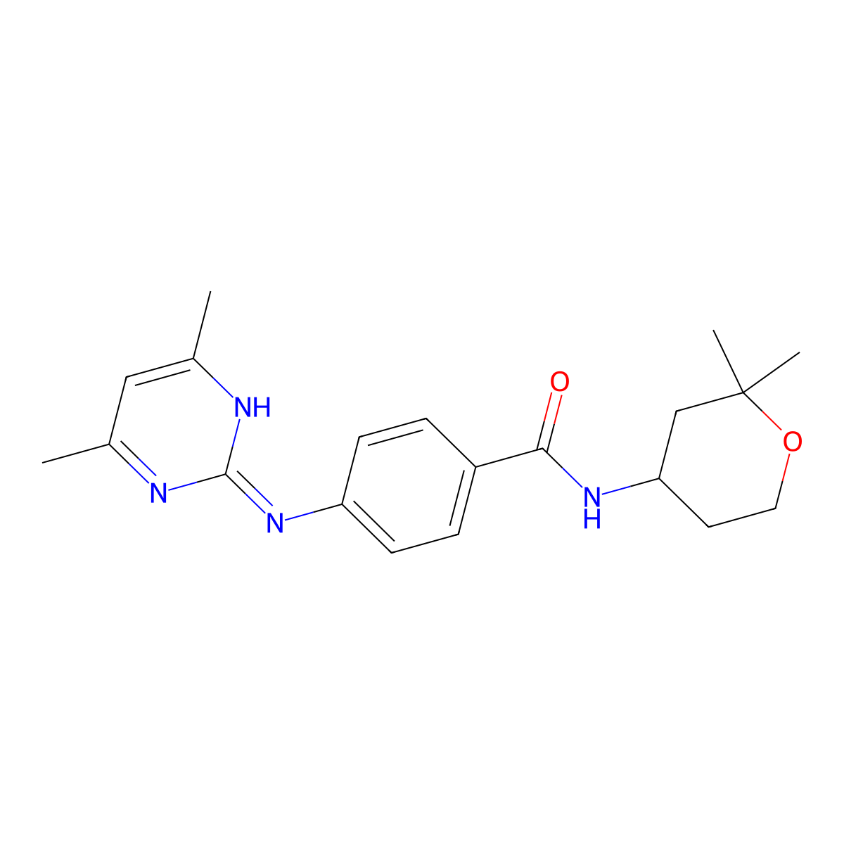 4-((4,6-dimethylpyrimidin-2-yl)amino)-N-(2,2-dimethyltetrahydro-2H-pyran-4-yl)benzamide molecular structure, CAS 1435908-52-3