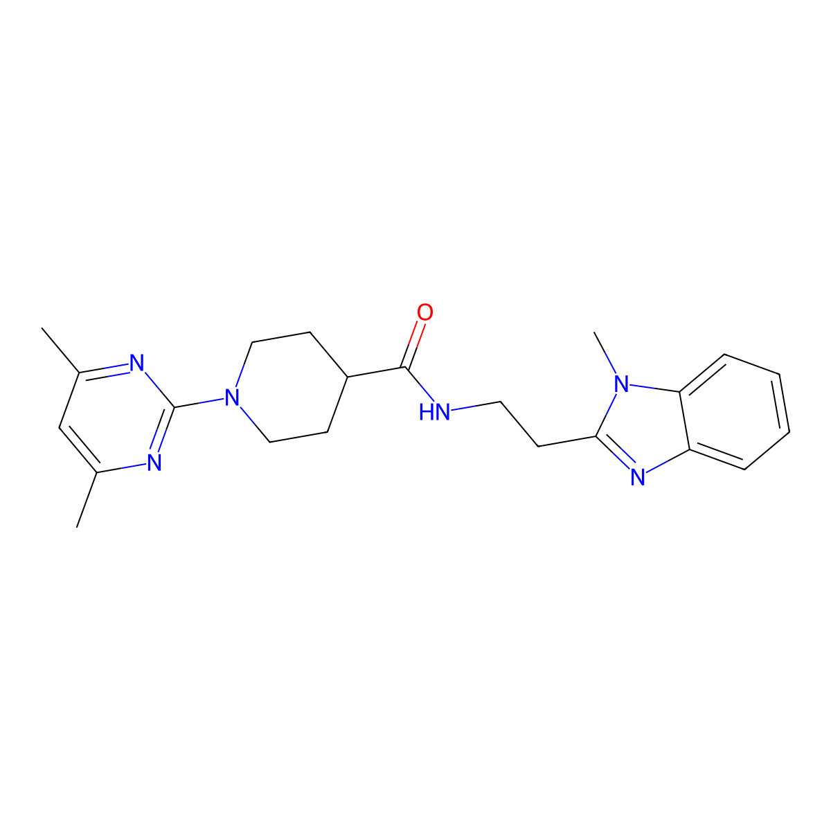 1-(4,6-dimethylpyrimidin-2-yl)-N-[2-(1-methyl-1H-benzimidazol-2-yl)ethyl]piperidine-4-carboxamide molecular structure, CAS 1435975-65-7