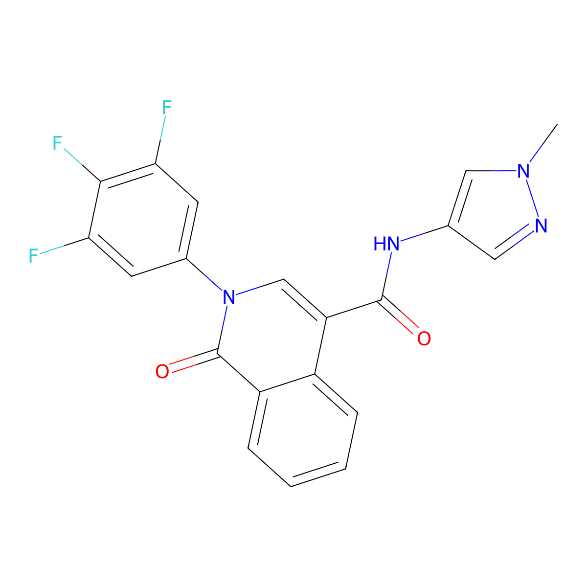N-(1-methyl-1H-pyrazol-4-yl)-1-oxo-2-(3,4,5-trifluorophenyl)-1,2-dihydroisoquinoline-4-carboxamide molecular structure, CAS 1435975-81-7