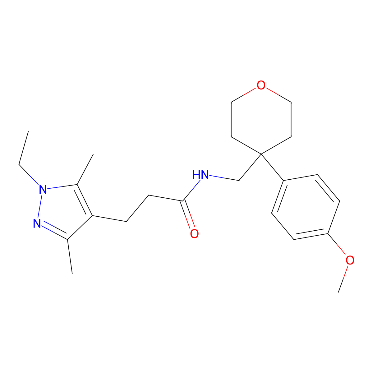 3-(1-ethyl-3,5-dimethyl-1H-pyrazol-4-yl)-N-{[4-(4-methoxyphenyl)tetrahydro-2H-pyran-4-yl]methyl}propanamide molecular structure, CAS 1435975-94-2
