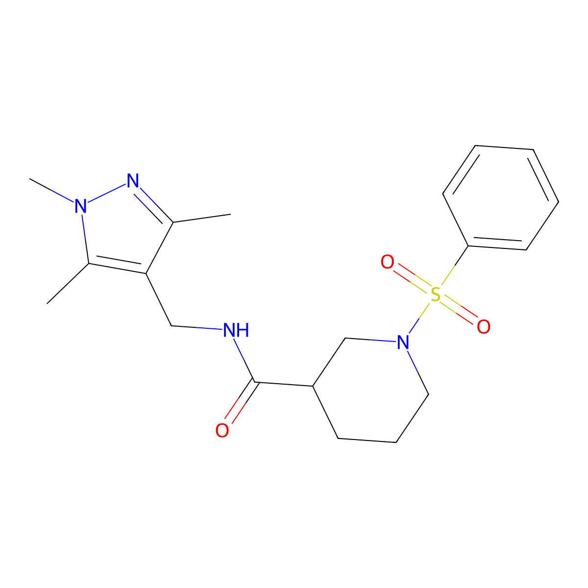 1-(phenylsulfonyl)-N-[(1,3,5-trimethyl-1H-pyrazol-4-yl)methyl]-3-piperidinecarboxamide molecular structure, CAS 1435976-29-6