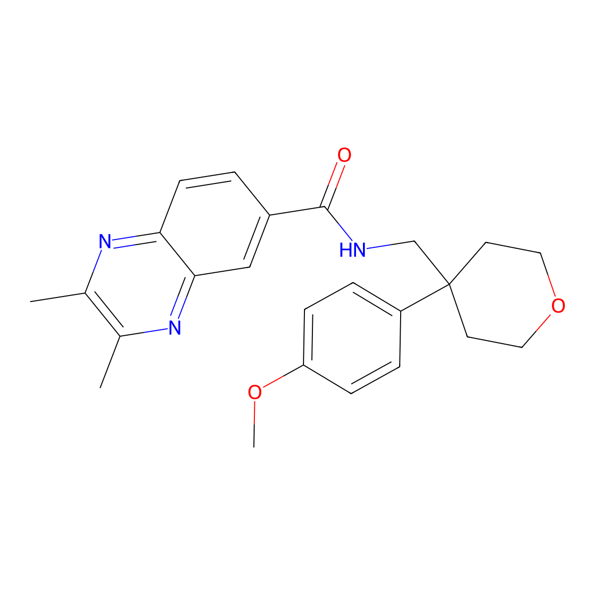 N-{[4-(4-methoxyphenyl)tetrahydro-2H-pyran-4-yl]methyl}-2,3-dimethyl-6-quinoxalinecarboxamide molecular structure, CAS 1435976-44-5