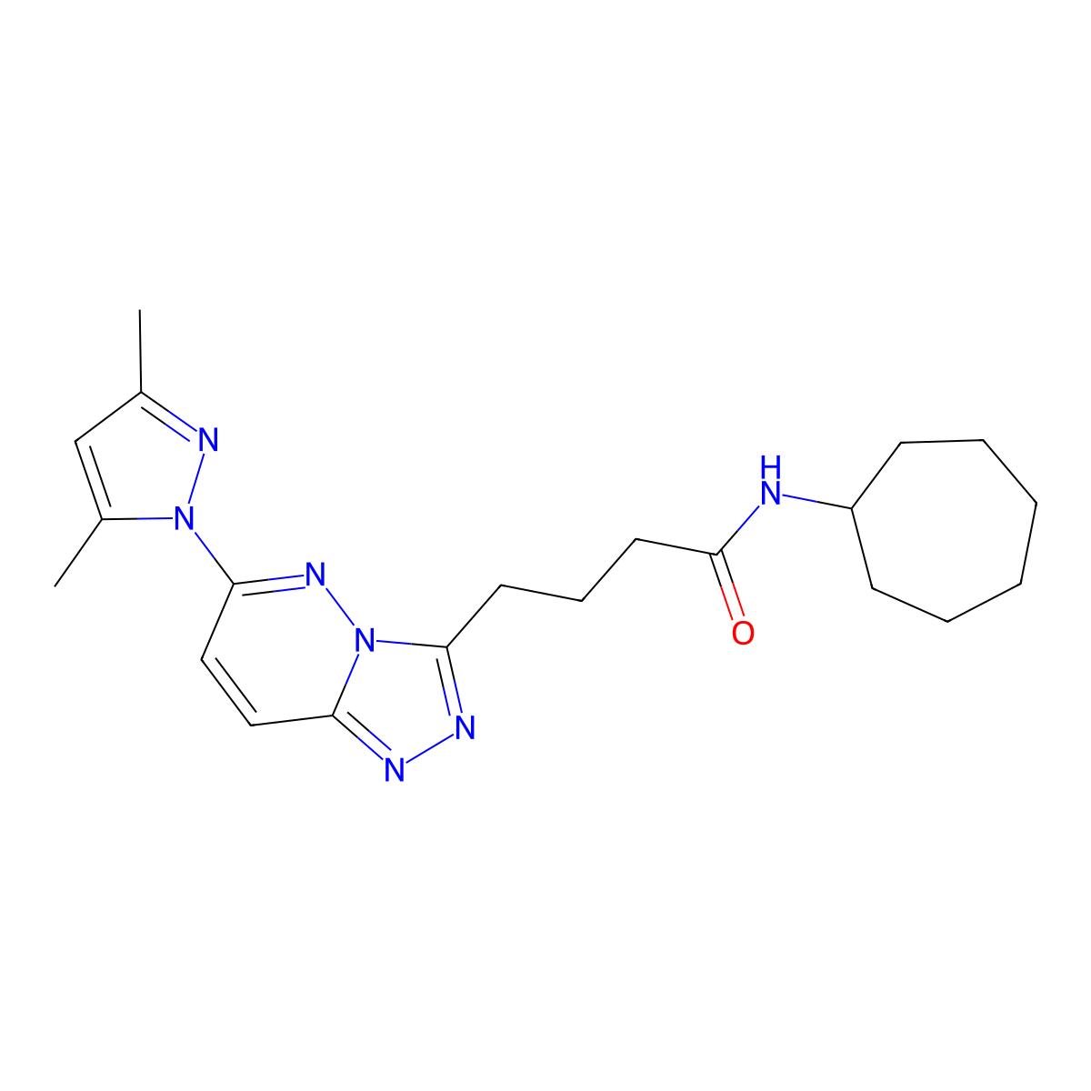 N-cycloheptyl-4-[6-(3,5-dimethyl-1H-pyrazol-1-yl)[1,2,4]triazolo[4,3-b]pyridazin-3-yl]butanamide molecular structure, CAS 1435976-54-7
