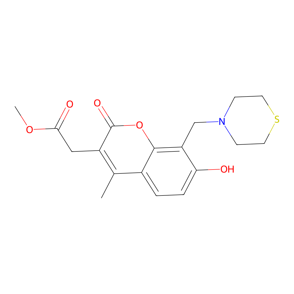 methyl [7-hydroxy-4-methyl-2-oxo-8-(thiomorpholin-4-ylmethyl)-2H-chromen-3-yl]acetate molecular structure, CAS 1435976-70-7