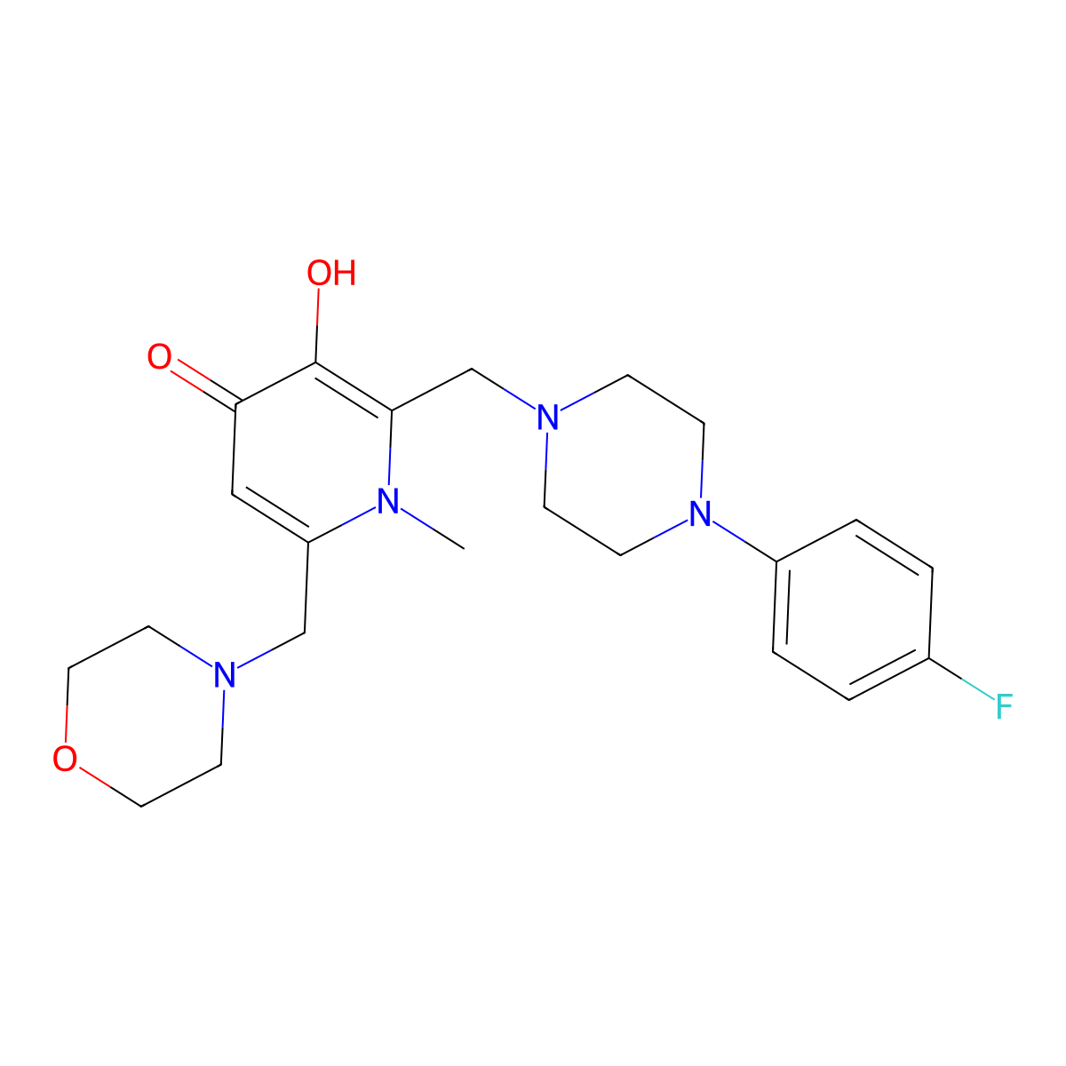 2-{[4-(4-fluorophenyl)piperazin-1-yl]methyl}-3-hydroxy-1-methyl-6-(morpholin-4-ylmethyl)pyridin-4(1H)-one molecular structure, CAS 1435977-03-9