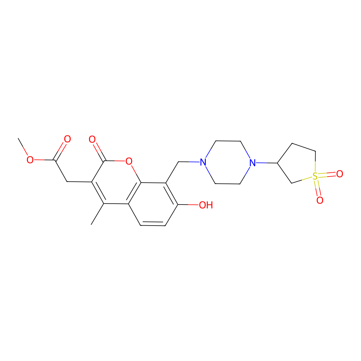 methyl (8-{[4-(1,1-dioxidotetrahydrothiophen-3-yl)piperazin-1-yl]methyl}-7-hydroxy-4-methyl-2-oxo-2H-chromen-3-yl)acetate molecular structure, CAS 1435977-04-0
