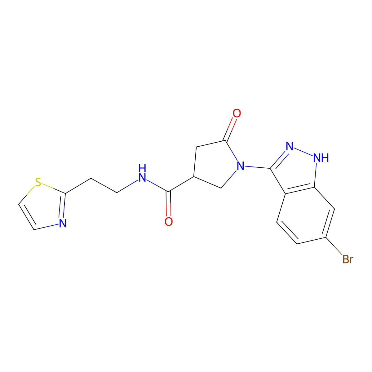 1-(6-bromo-1H-indazol-3-yl)-5-oxo-N-[2-(1,3-thiazol-2-yl)ethyl]-3-pyrrolidinecarboxamide molecular structure, CAS 1435977-29-9