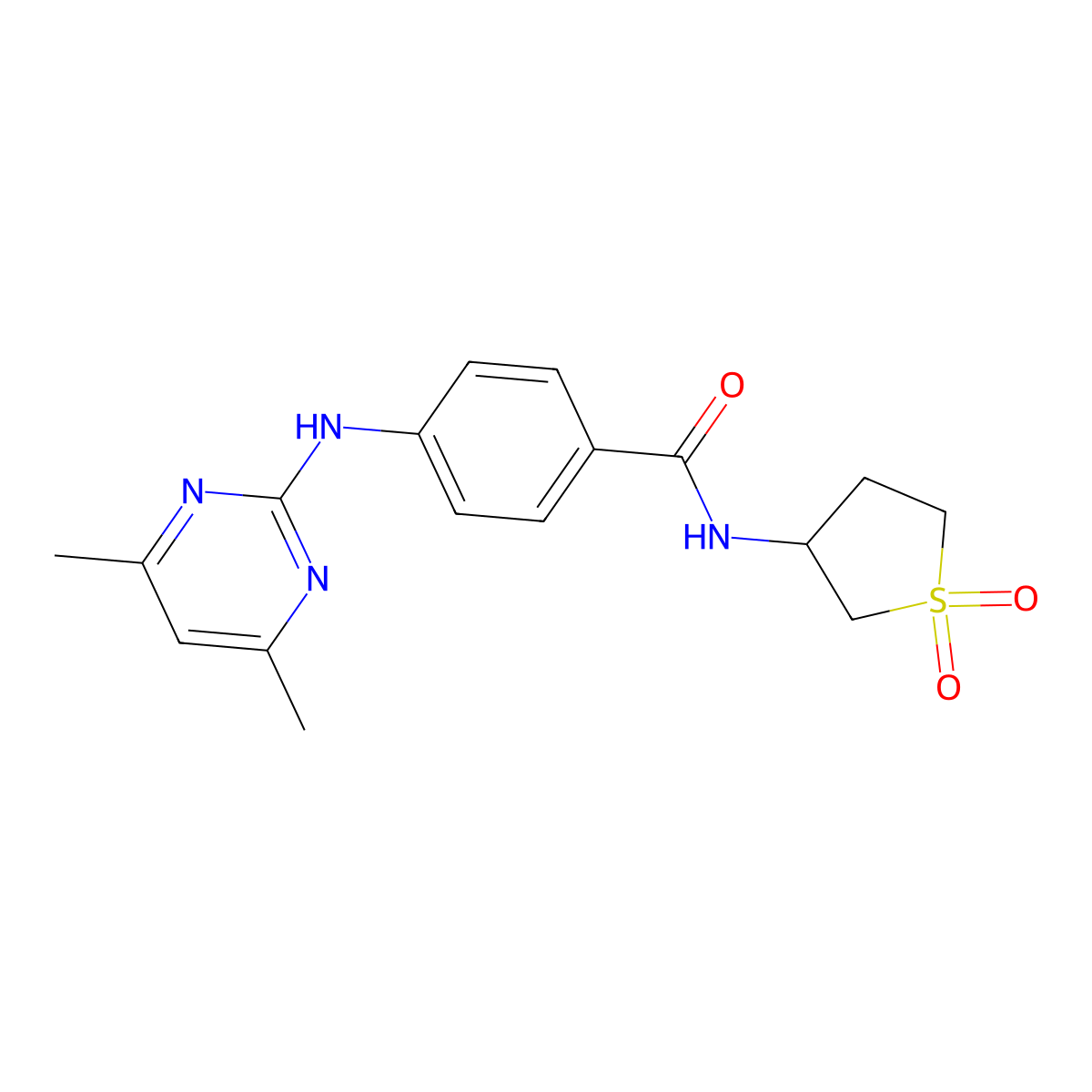 4-((4,6-dimethylpyrimidin-2-yl)amino)-N-(1,1-dioxidotetrahydrothiophen-3-yl)benzamide molecular structure, CAS 1435977-47-1