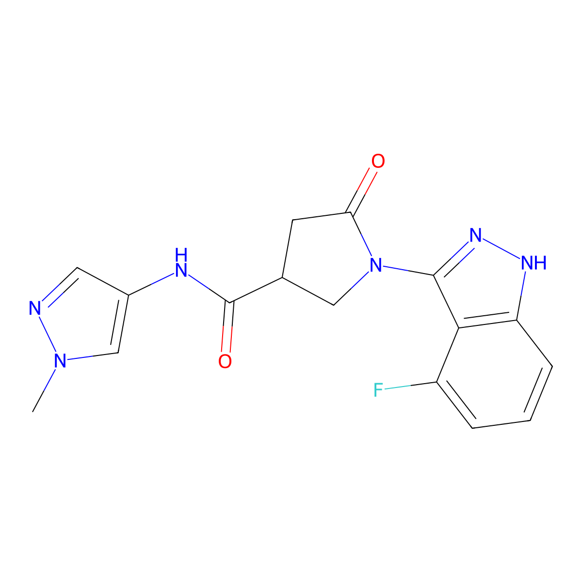 1-(4-fluoro-1H-indazol-3-yl)-N-(1-methyl-1H-pyrazol-4-yl)-5-oxo-3-pyrrolidinecarboxamide molecular structure, CAS 1435977-93-7