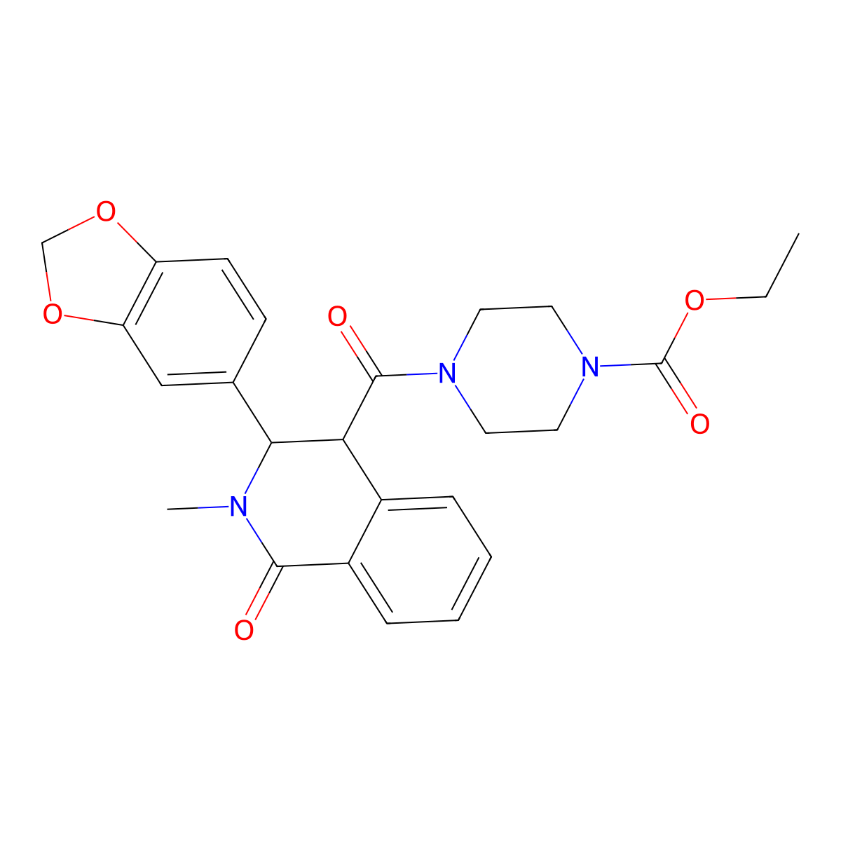Ethyl 4-{[3-(1,3-benzodioxol-5-yl)-2-methyl-1-oxo-1,2,3,4-tetrahydroisoquinolin-4-yl]carbonyl}piperazine-1-carboxylate molecular structure, CAS 1435977-95-9
