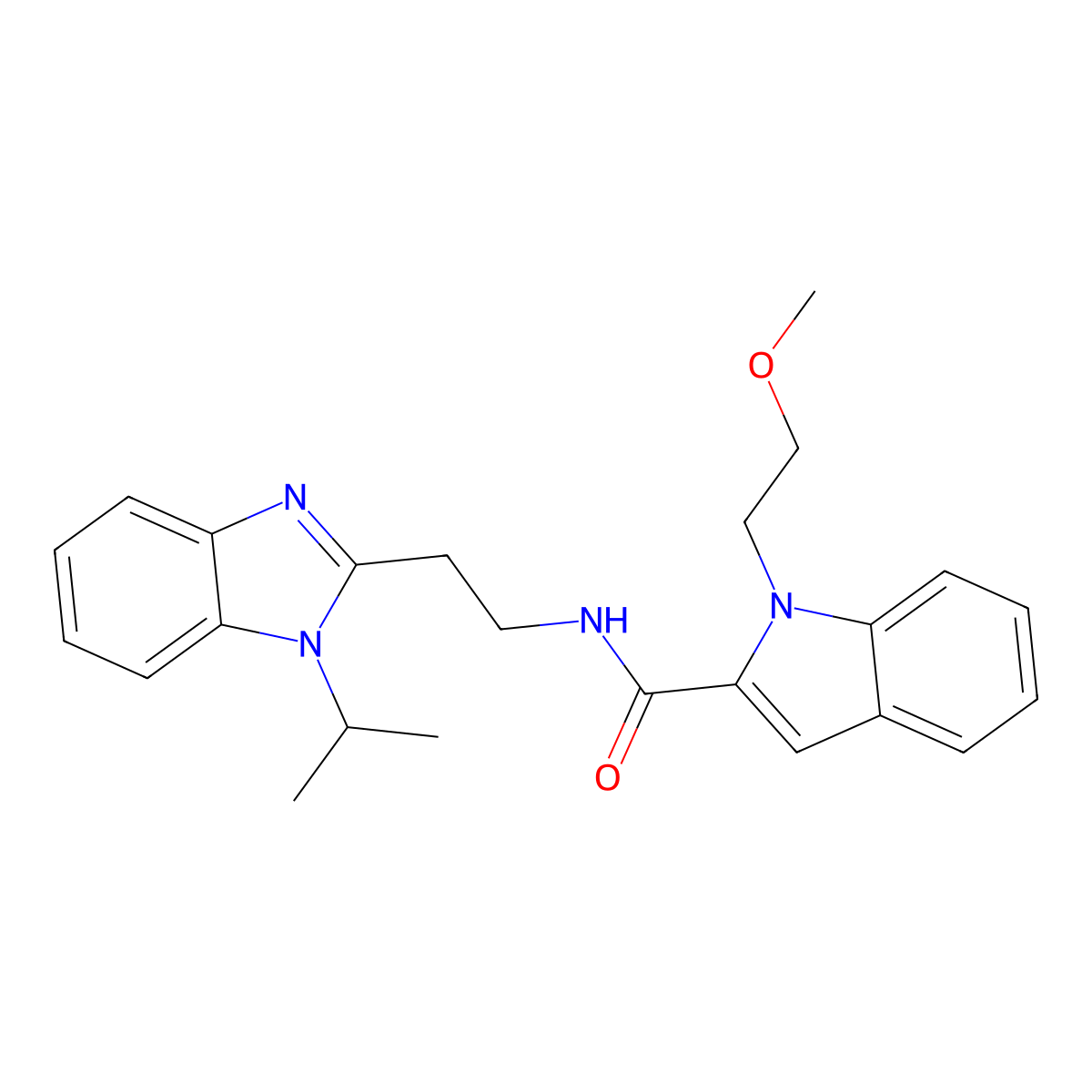 N-[2-(1-isopropyl-1H-1,3-benzimidazol-2-yl)ethyl]-1-(2-methoxyethyl)-1H-indole-2-carboxamide molecular structure, CAS 1435977-96-0