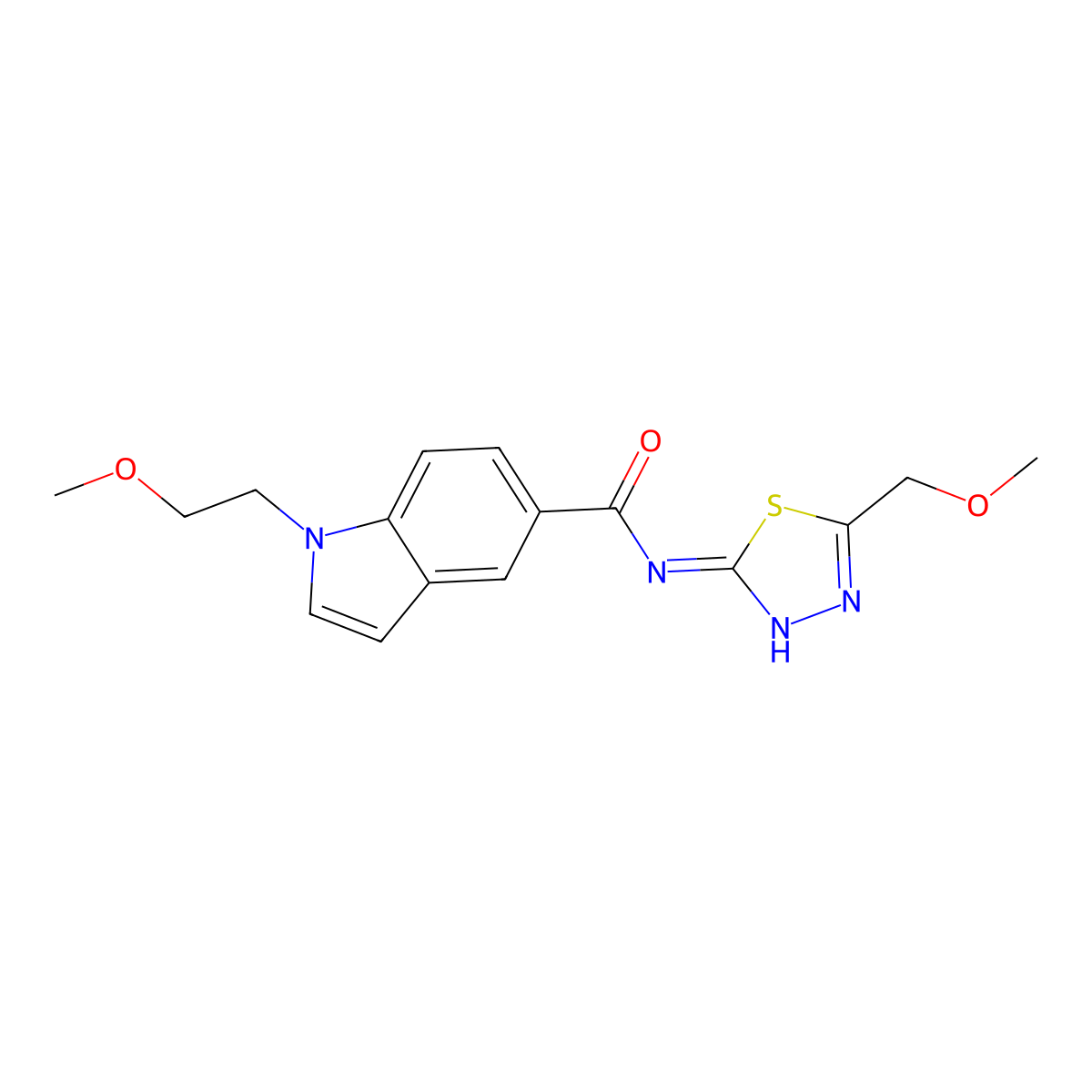 1-(2-methoxyethyl)-N-(5-(methoxymethyl)-1,3,4-thiadiazol-2-yl)-1H-indole-5-carboxamide molecular structure, CAS 1435978-11-2