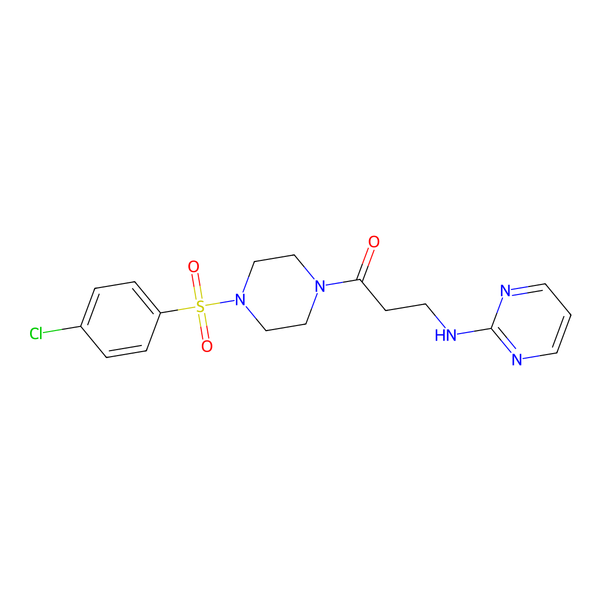 1-{4-[(4-Chlorophenyl)sulfonyl]piperazino}-3-(2-pyrimidinylamino)-1-propanone molecular structure, CAS 1435978-47-4