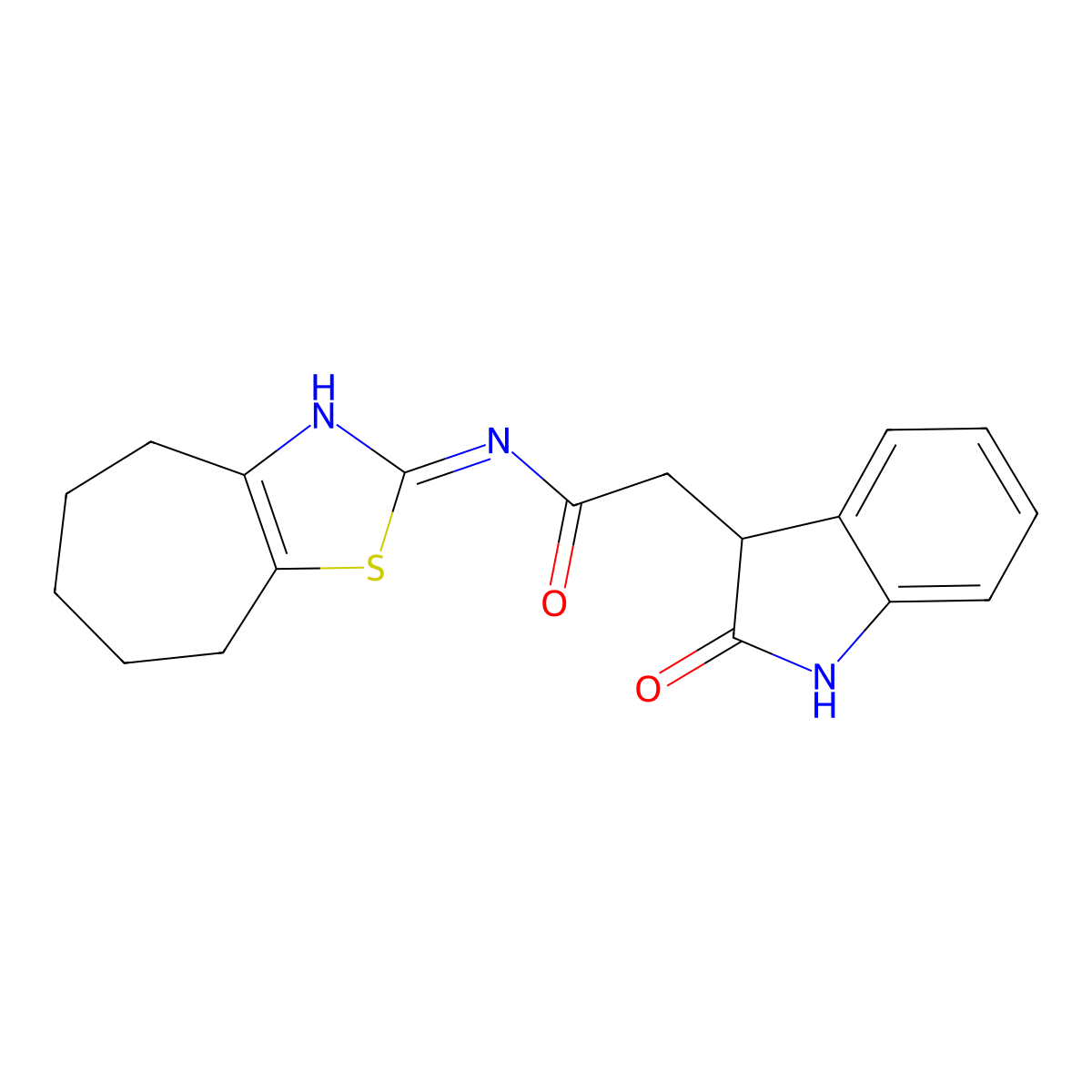 2-(2-oxoindolin-3-yl)-N-(5,6,7,8-tetrahydro-4H-cyclohepta[d]thiazol-2-yl)acetamide molecular structure, CAS 1435978-88-3