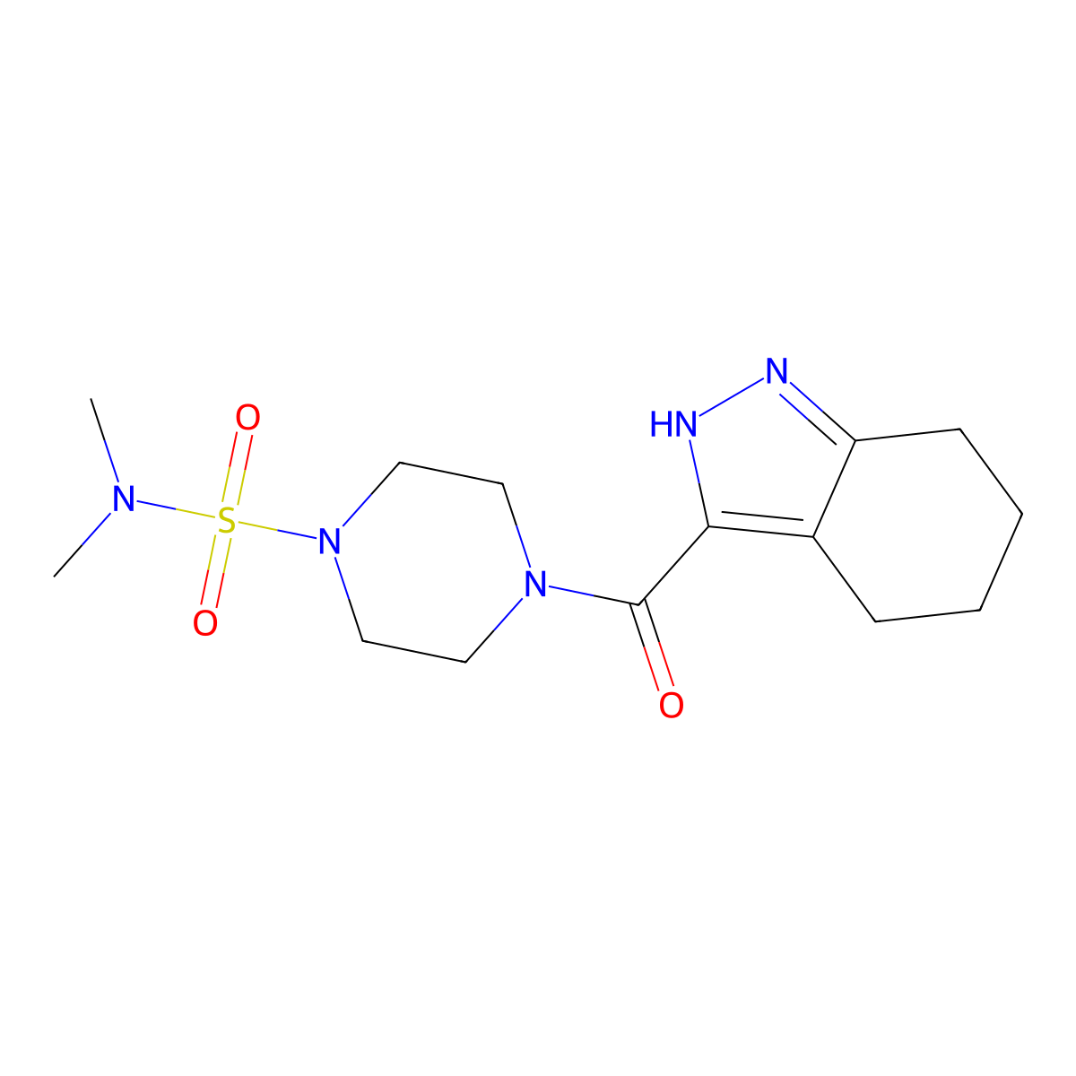 N,N-dimethyl-4-(4,5,6,7-tetrahydro-1H-indazol-3-ylcarbonyl)tetrahydro-1(2H)-pyrazinesulfonamide molecular structure, CAS 1435979-44-4