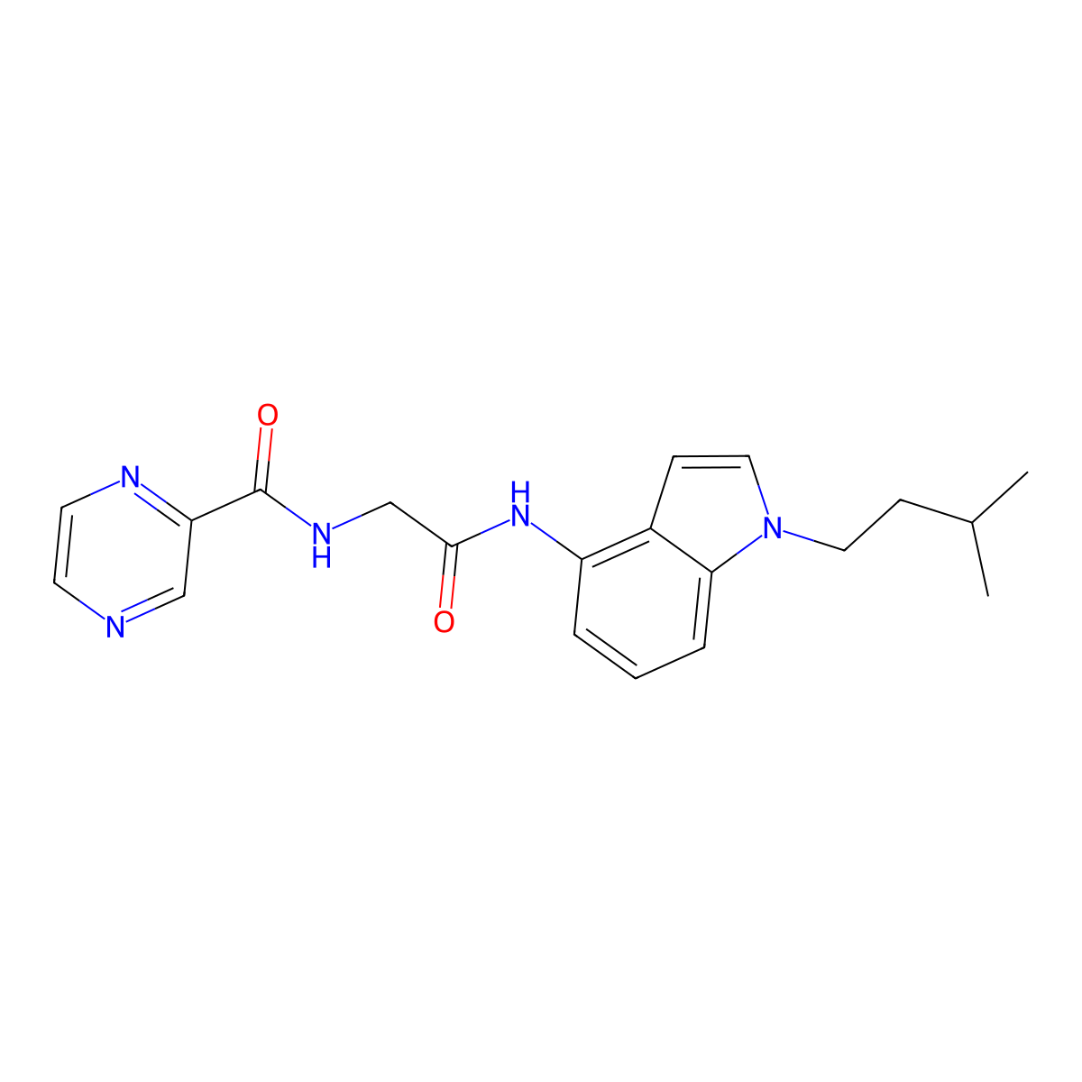 N-(2-{[1-(3-methylbutyl)-1H-indol-4-yl]amino}-2-oxoethyl)pyrazine-2-carboxamide molecular structure, CAS 1435979-88-6