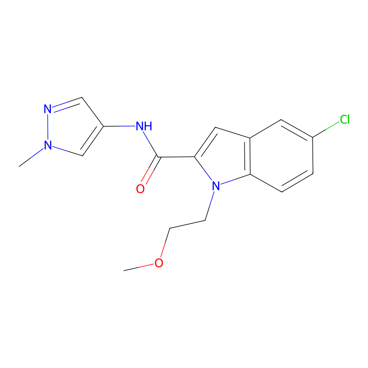 5-chloro-1-(2-methoxyethyl)-N-(1-methyl-1H-pyrazol-4-yl)-1H-indole-2-carboxamide molecular structure, CAS 1435979-96-6