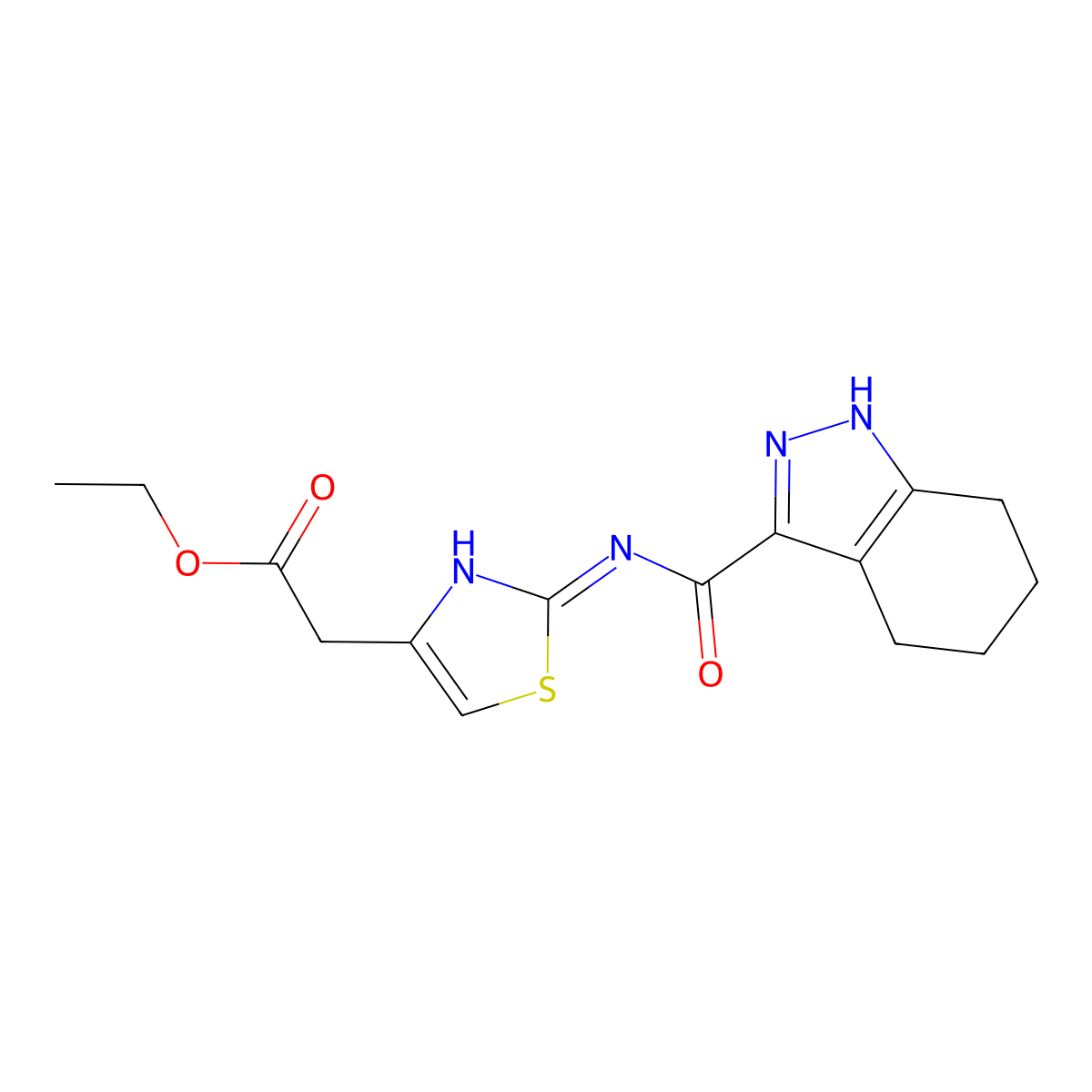 ethyl {2-[(4,5,6,7-tetrahydro-1H-indazol-3-ylcarbonyl)amino]-1,3-thiazol-4-yl}acetate molecular structure, CAS 1435980-17-8